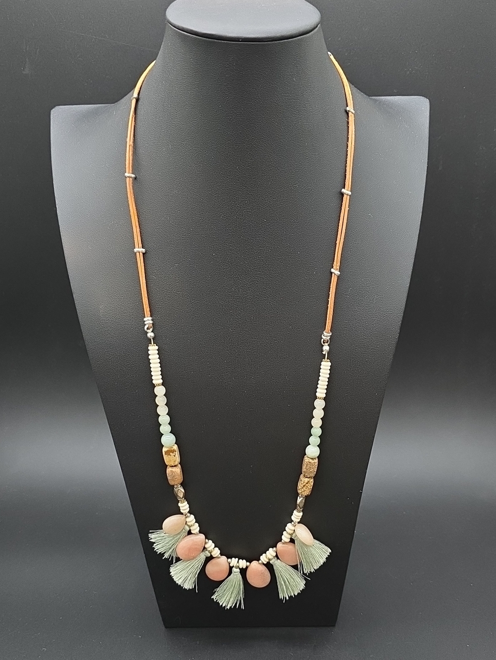 Bohemian Tassel Pendant Necklace in Sage and Peach